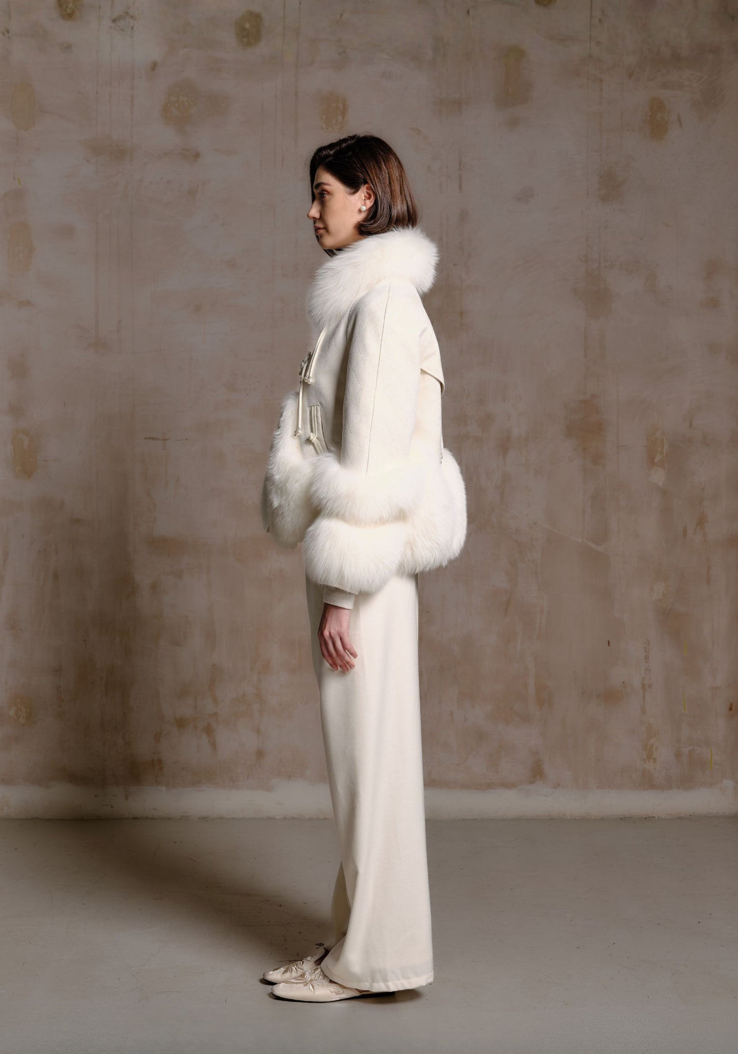 White Puffer Jacket with Fur Details