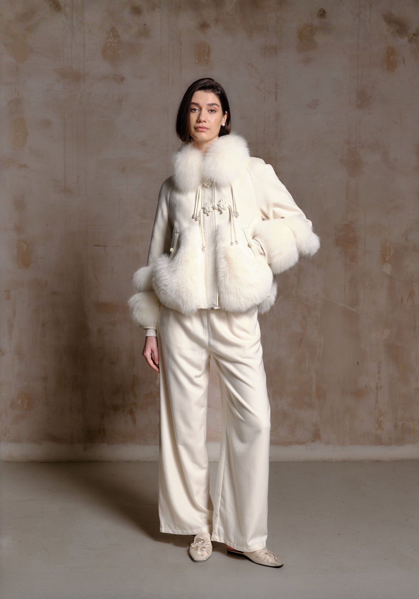 White Puffer Jacket with Fur Details
