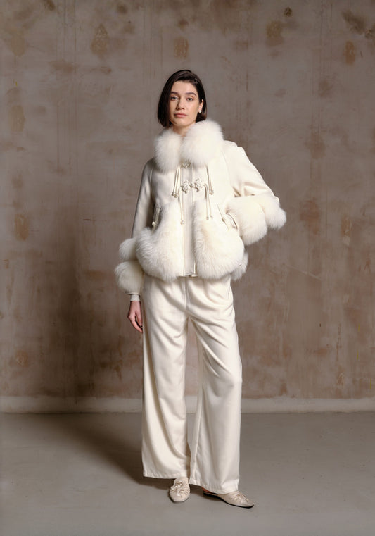White Puffer Jacket with Fur Details
