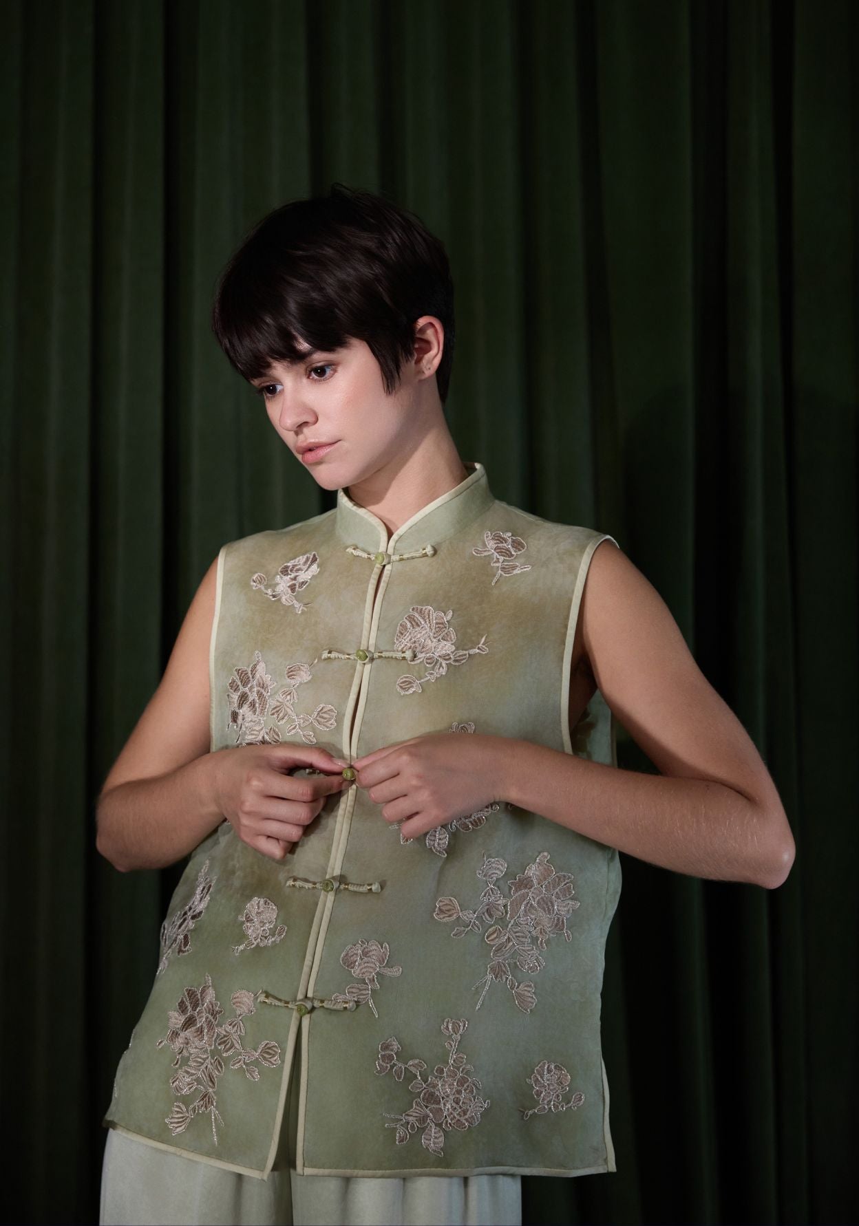 Light Green Vest with Mandarin Collar