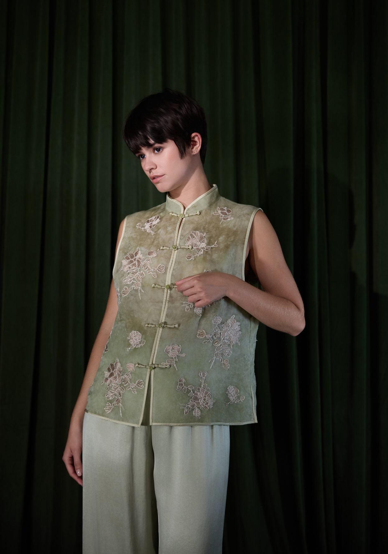 Light Green Vest with Mandarin Collar