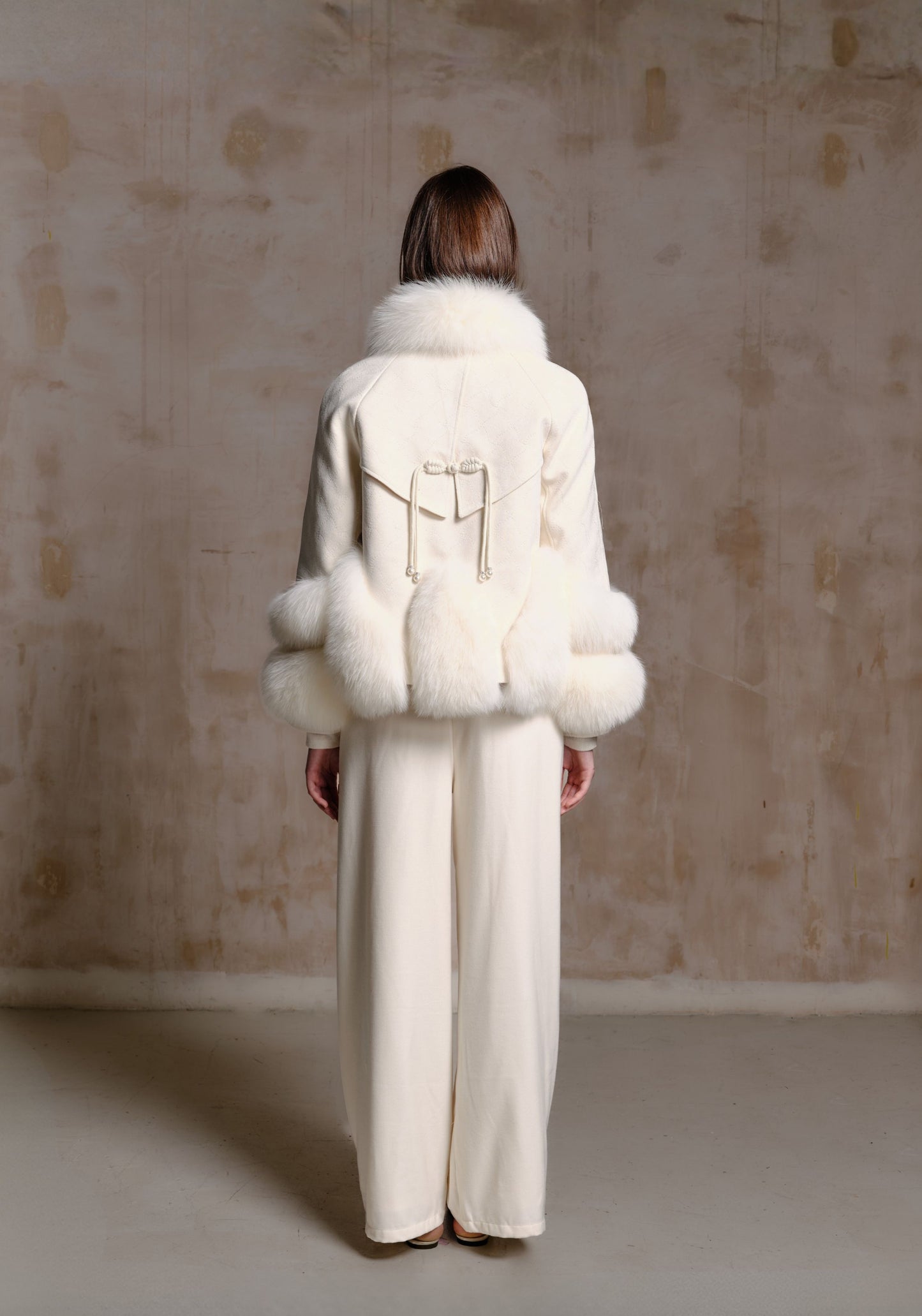 White Puffer Jacket with Fur Details