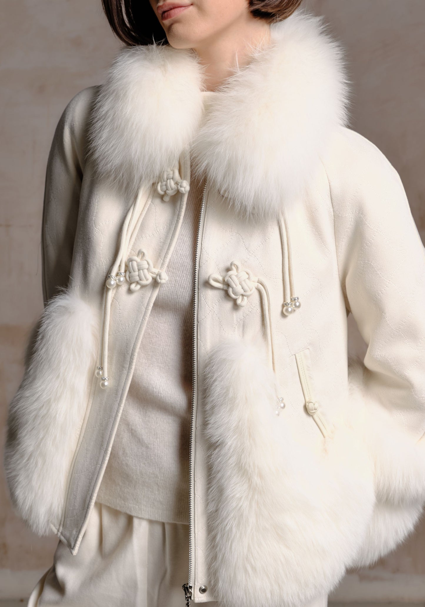 White Puffer Jacket with Fur Details