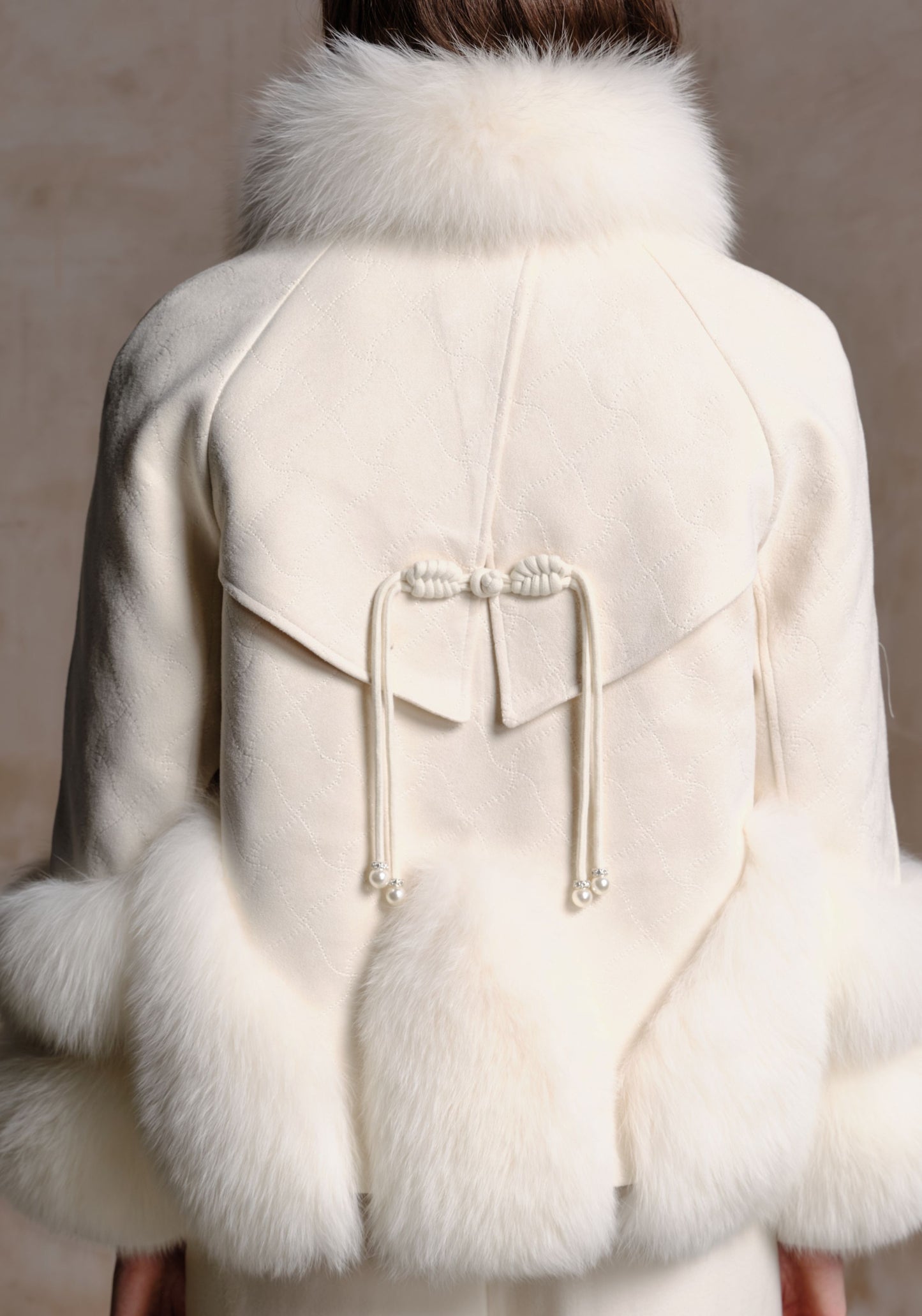 White Puffer Jacket with Fur Details