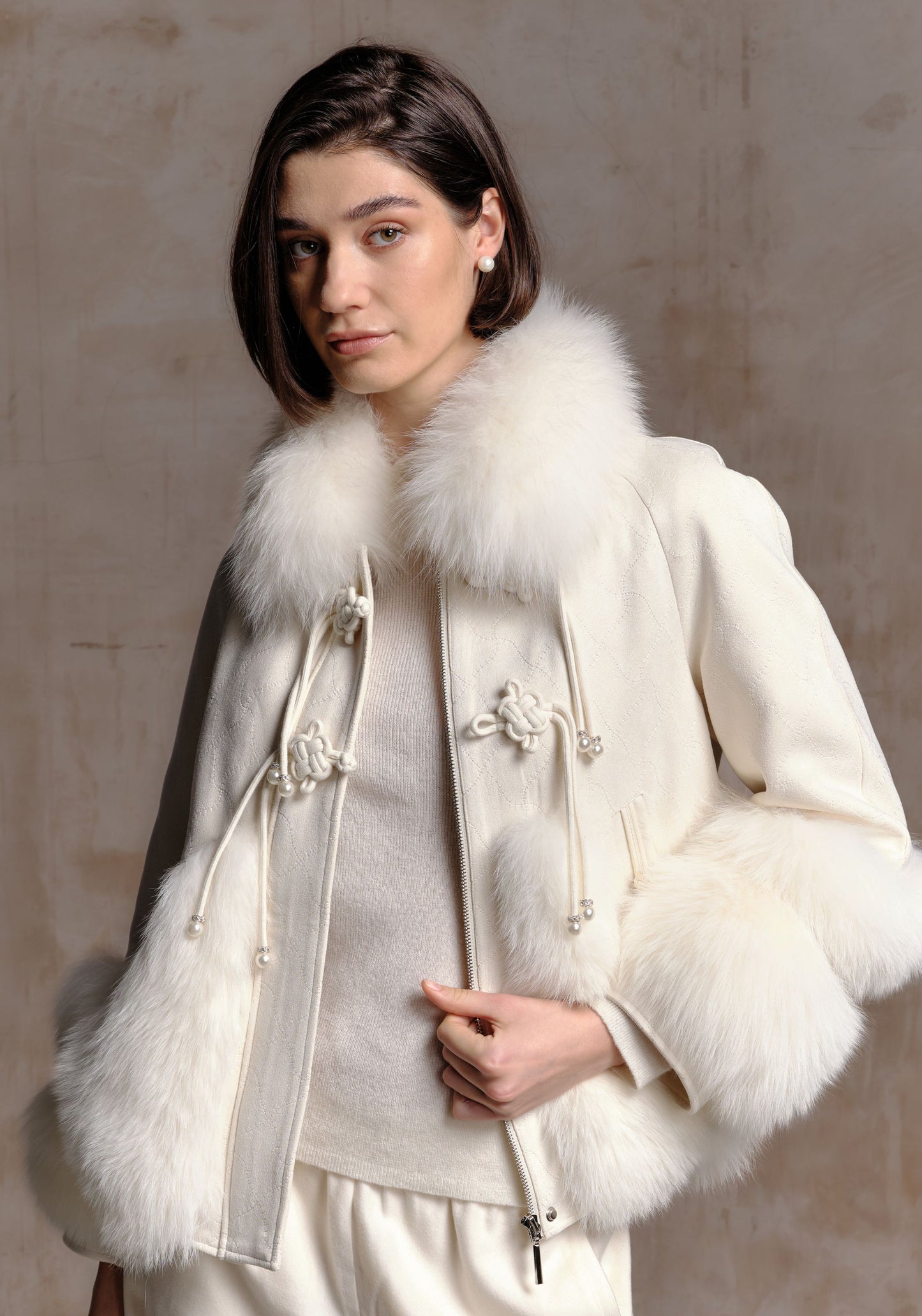 White Puffer Jacket with Fur Details