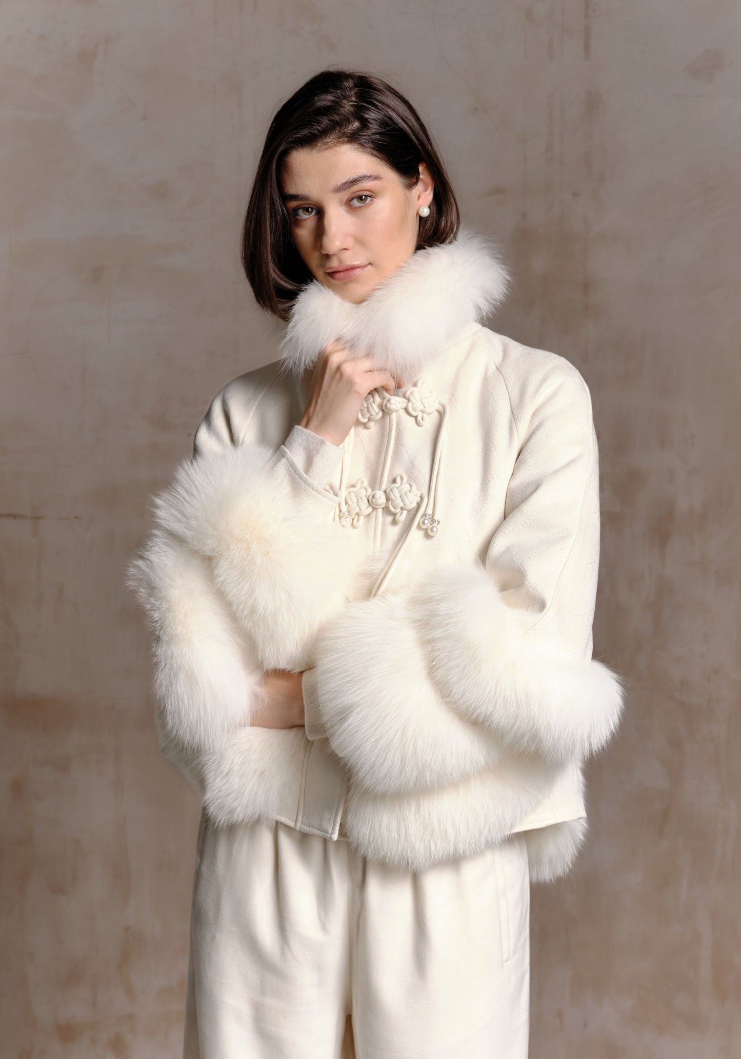 White Puffer Jacket with Fur Details