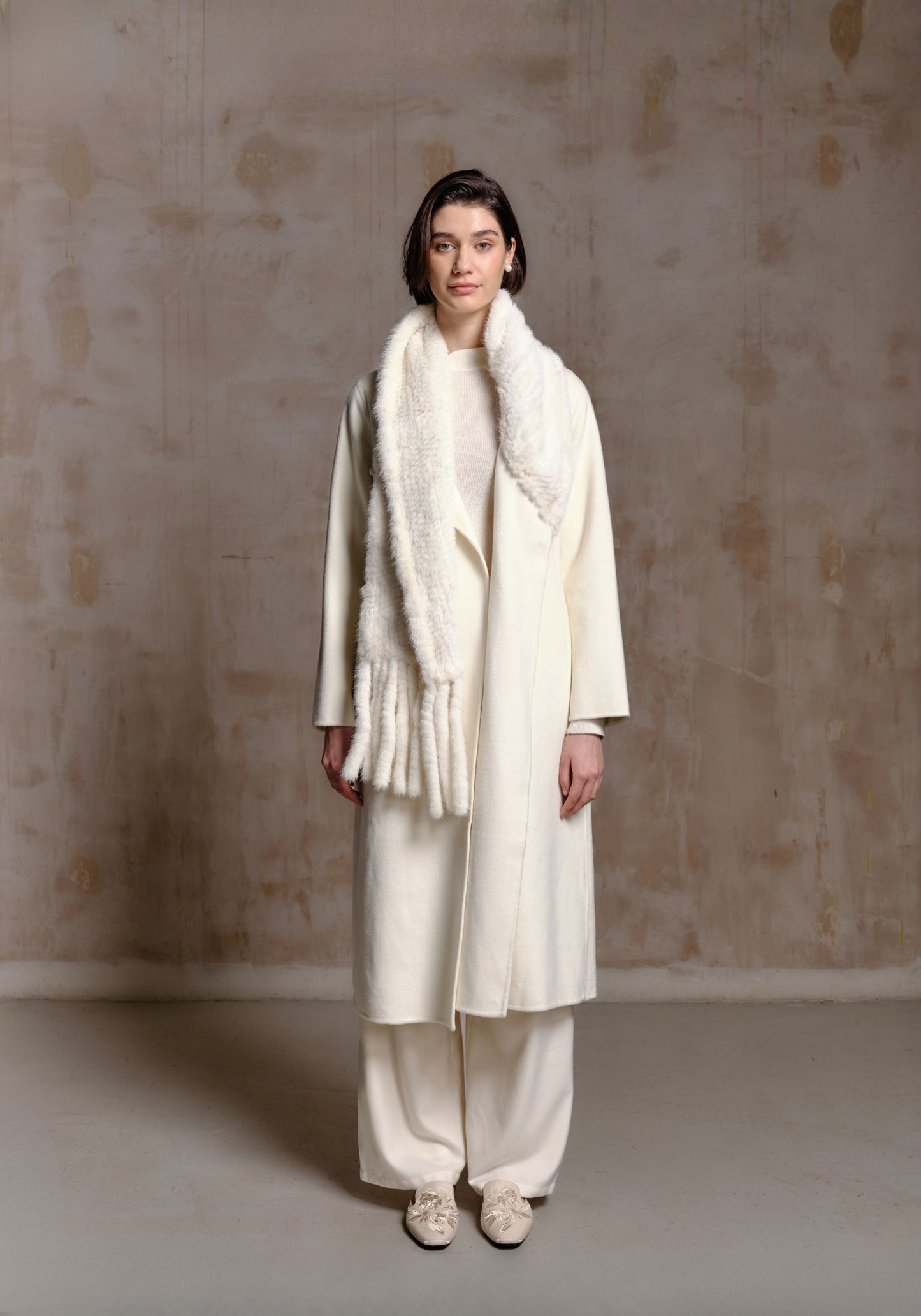 White Hand-woven Fur Collar Coat