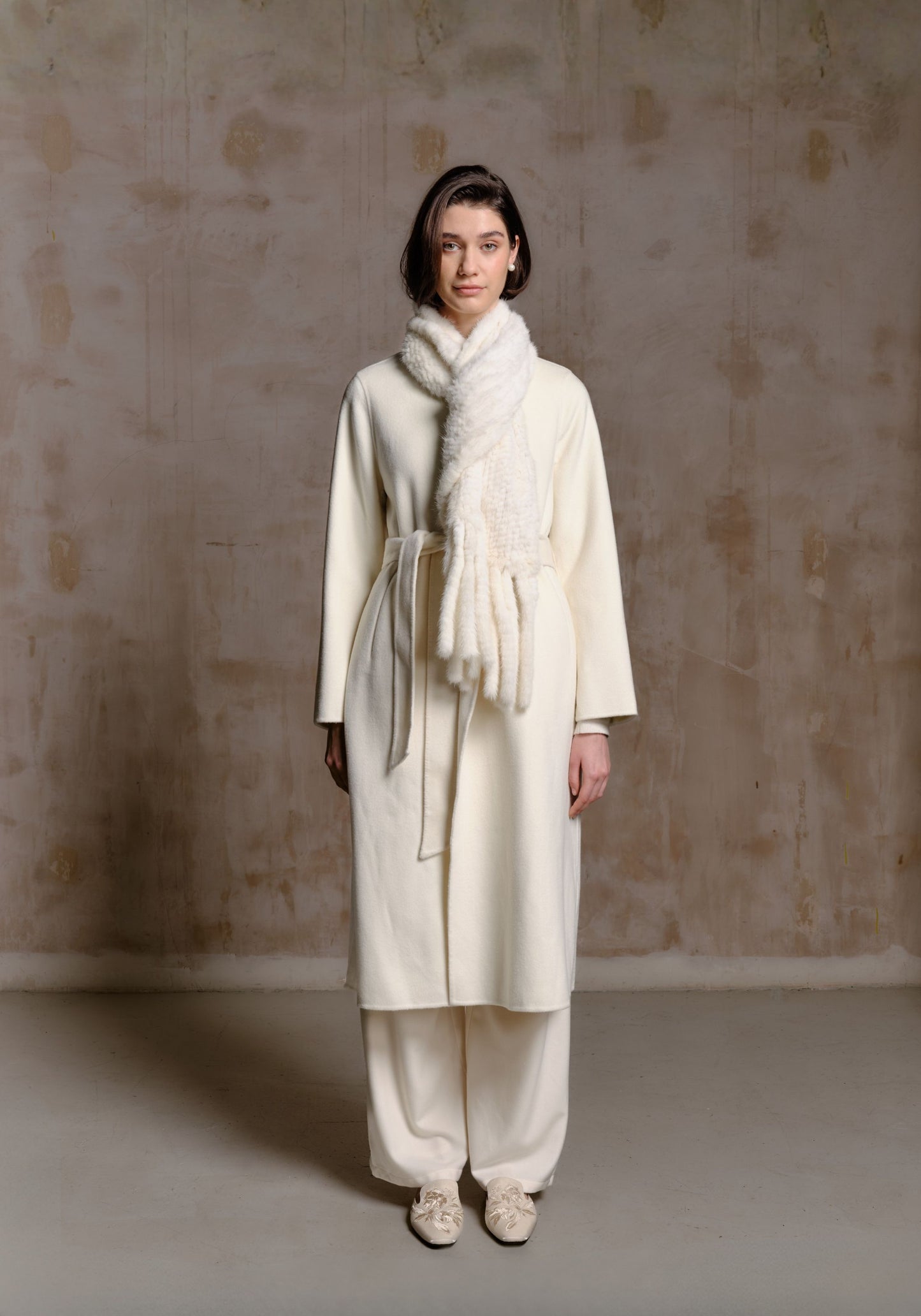 White Hand-woven Fur Collar Coat