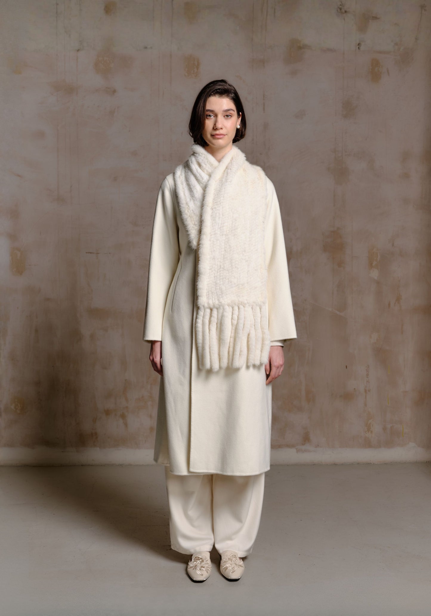 White Hand-woven Fur Collar Coat