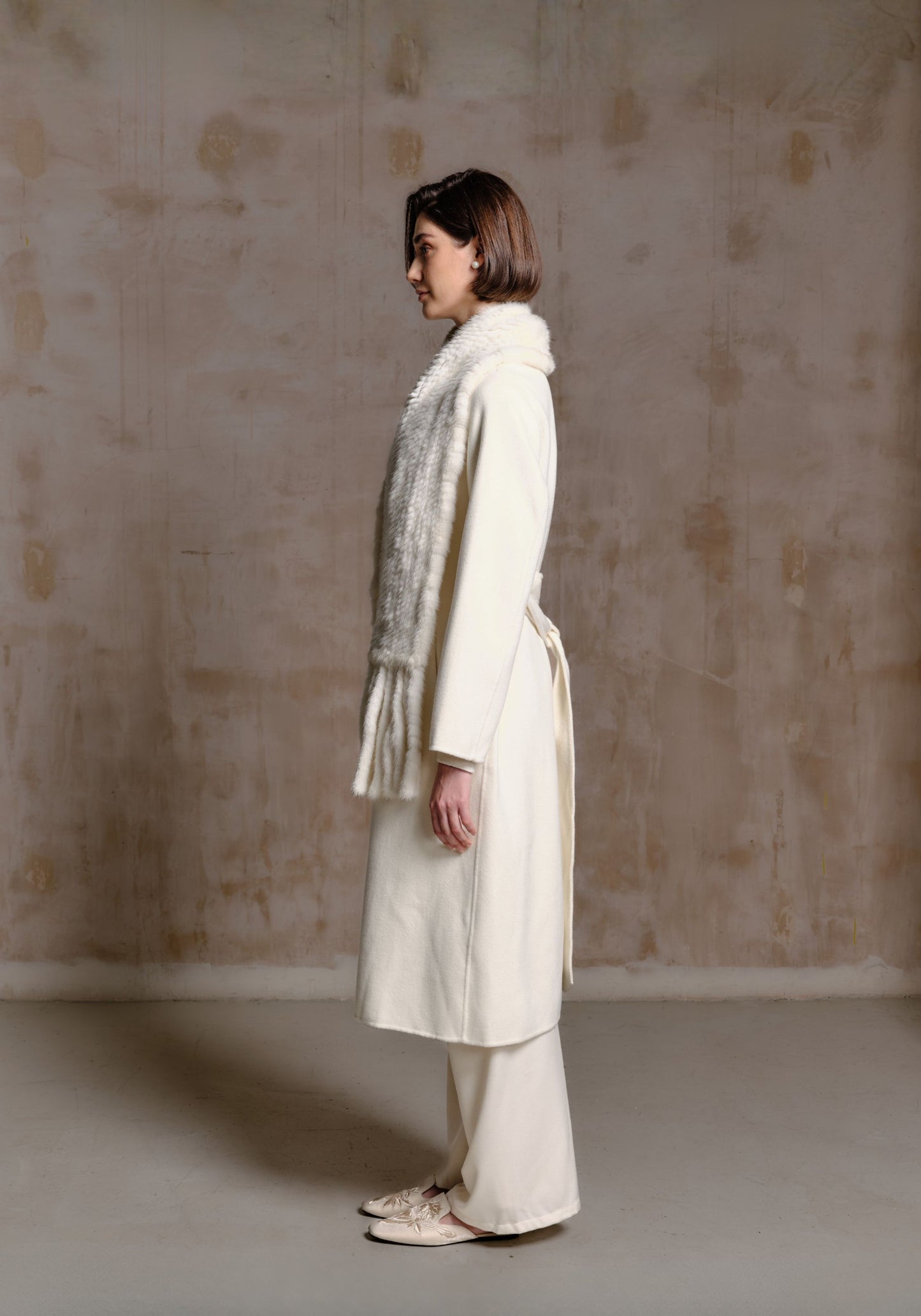 White Hand-woven Fur Collar Coat