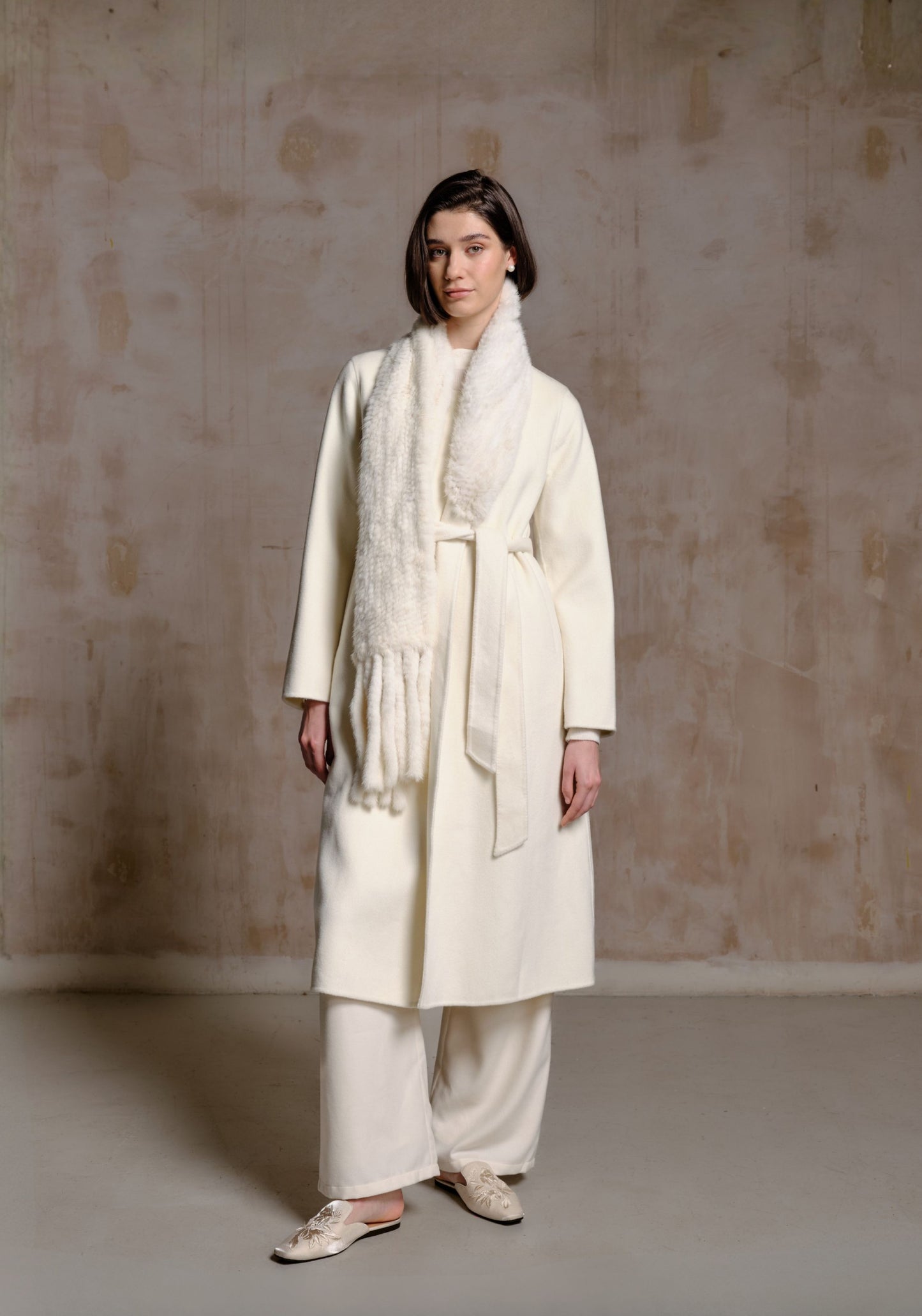 White Hand-woven Fur Collar Coat