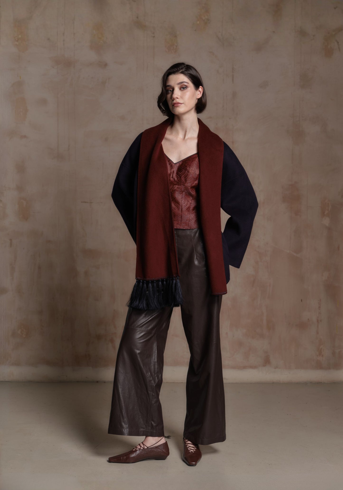 Navy and Burgundy Cashmere Coat with Tassel Details