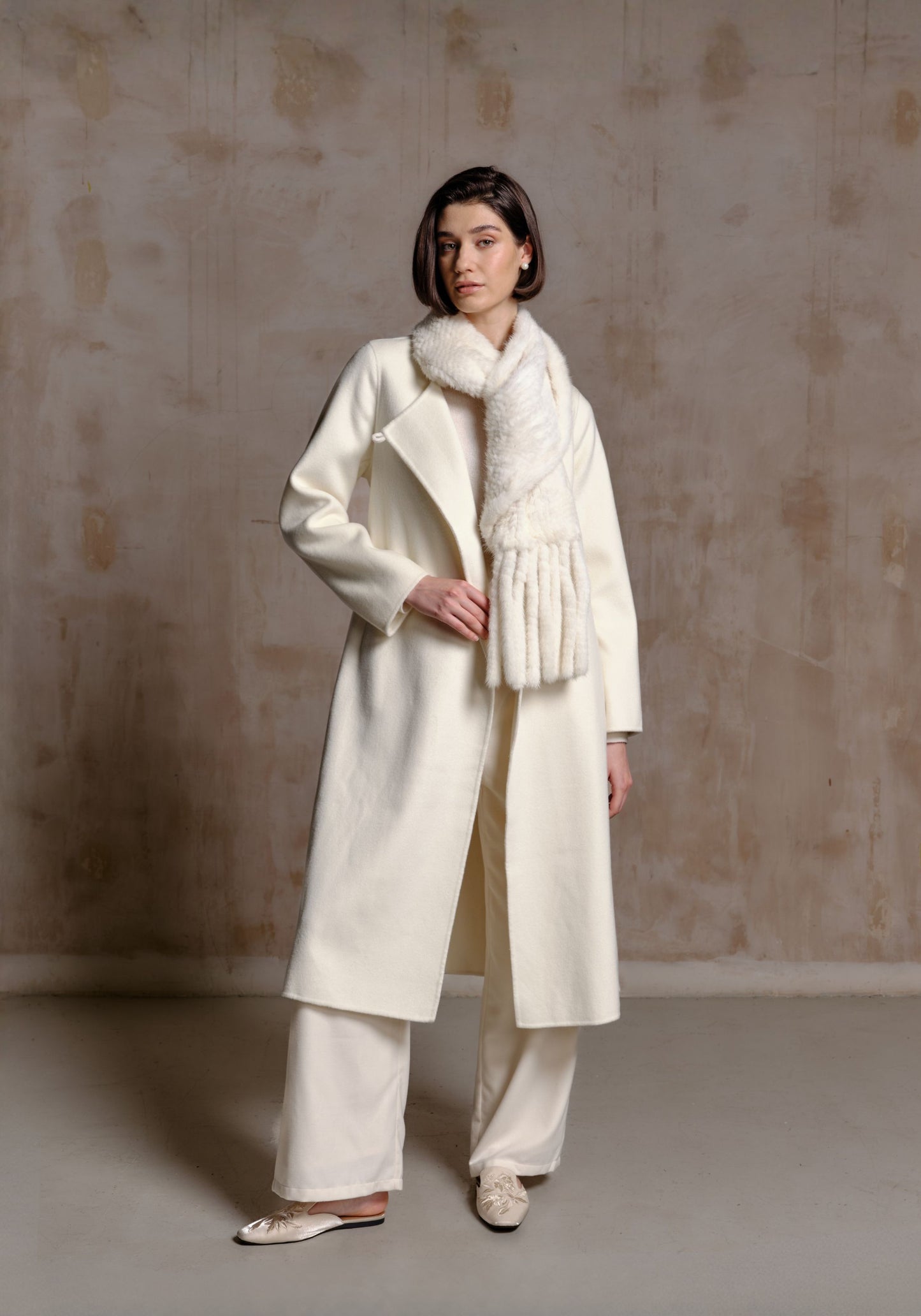 White Hand-woven Fur Collar Coat