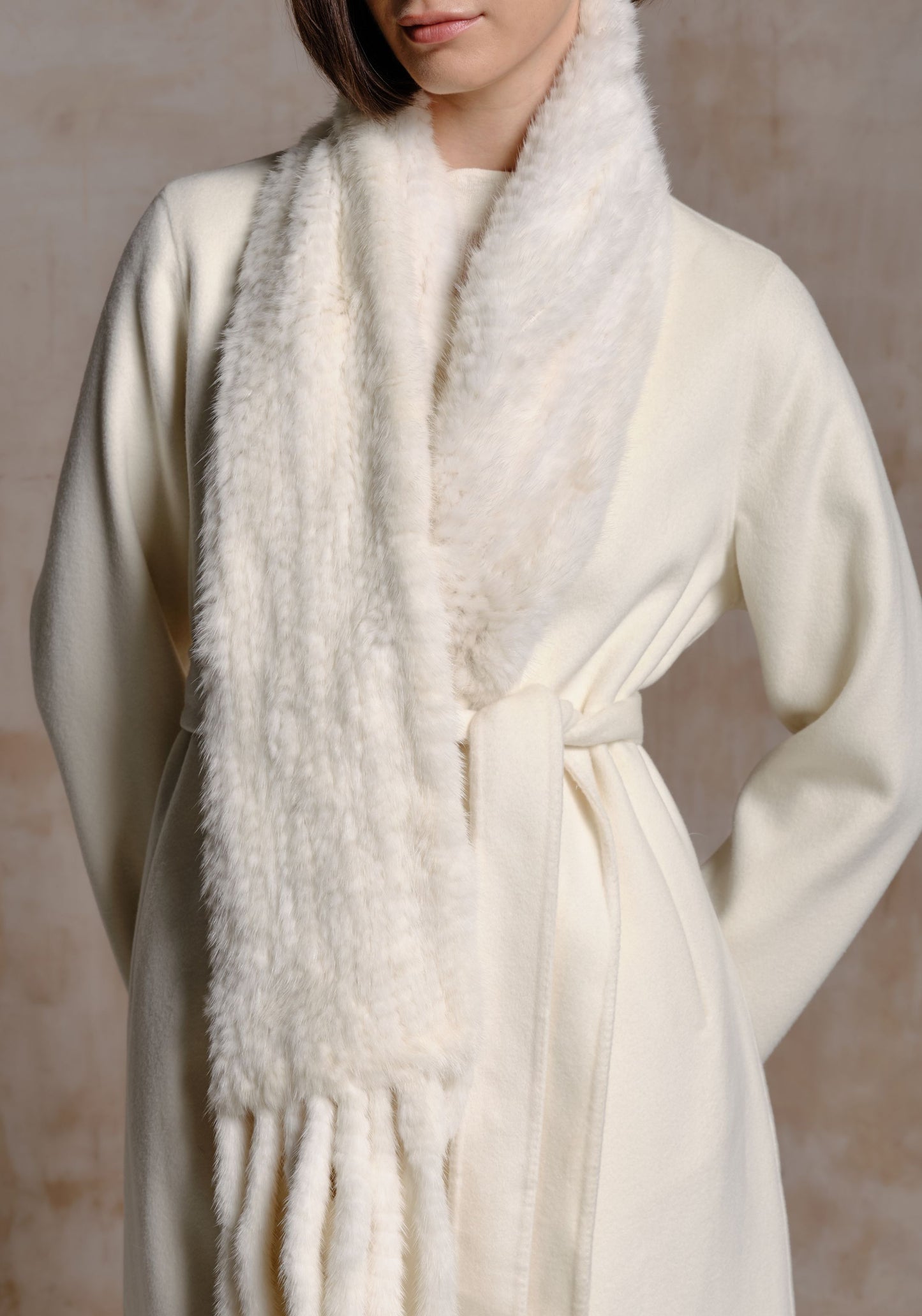 White Hand-woven Fur Collar Coat