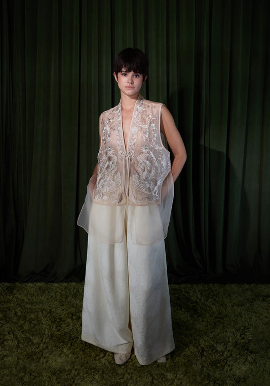 Beige Organza Vest with Embroidery Details