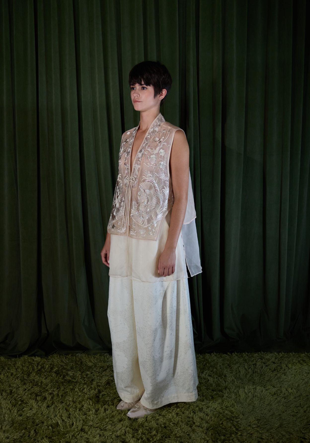 Beige Organza Vest with Embroidery Details