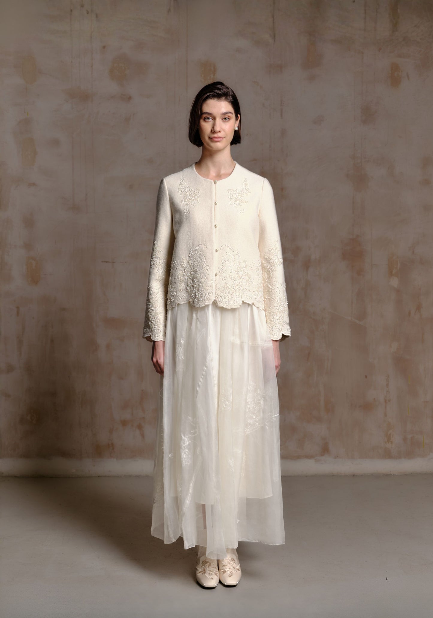 White Wool Jacket with Pearl Details