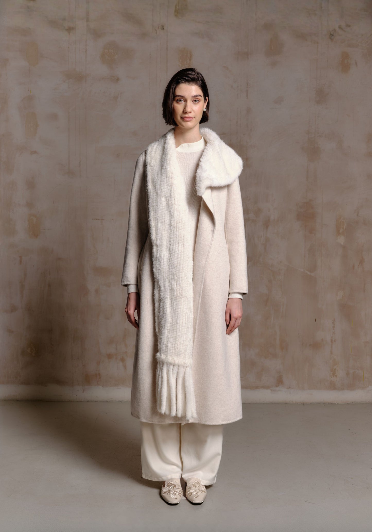 Oat White Hand-woven Fur Collar Coat