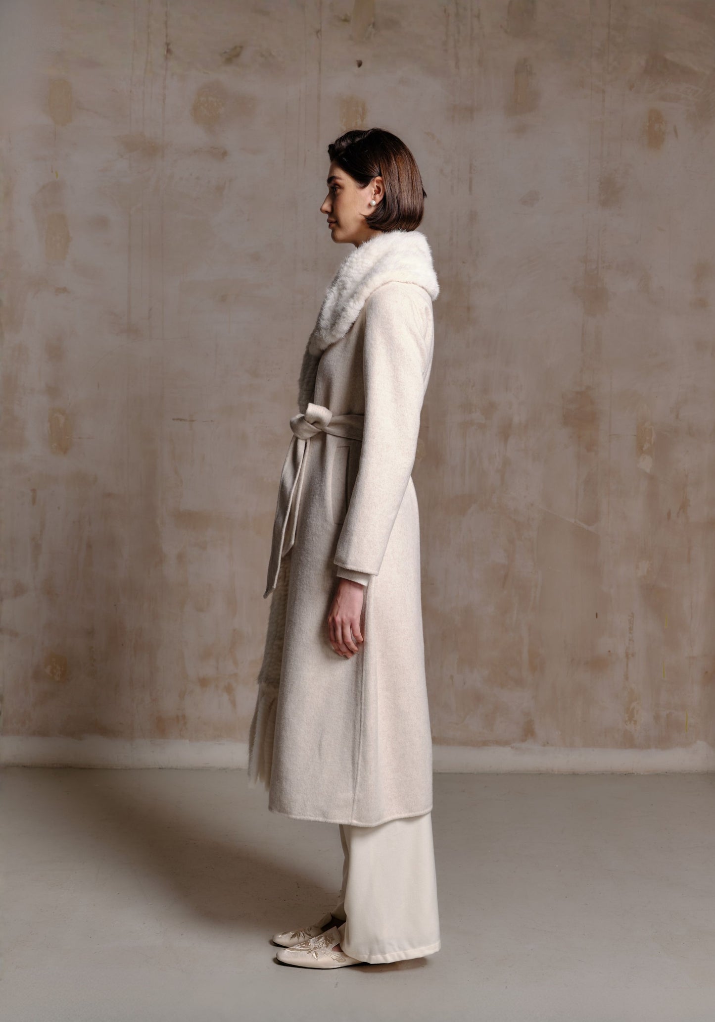 Oat White Hand-woven Fur Collar Coat