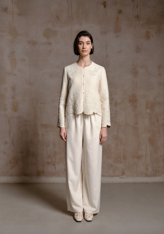 White Wool Jacket with Pearl Details