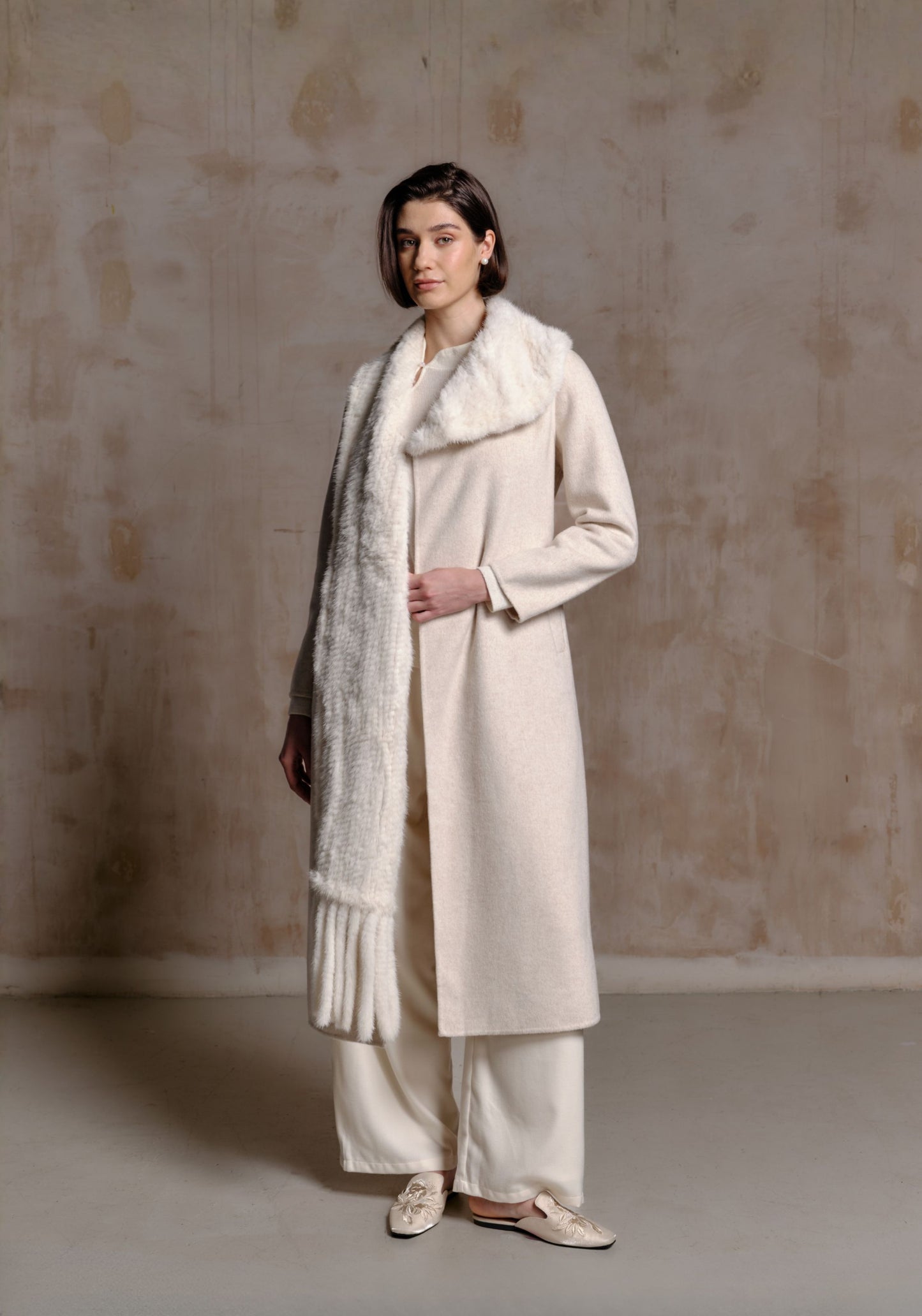 Oat White Hand-woven Fur Collar Coat
