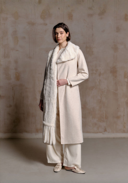 Oat White Hand-woven Fur Collar Coat