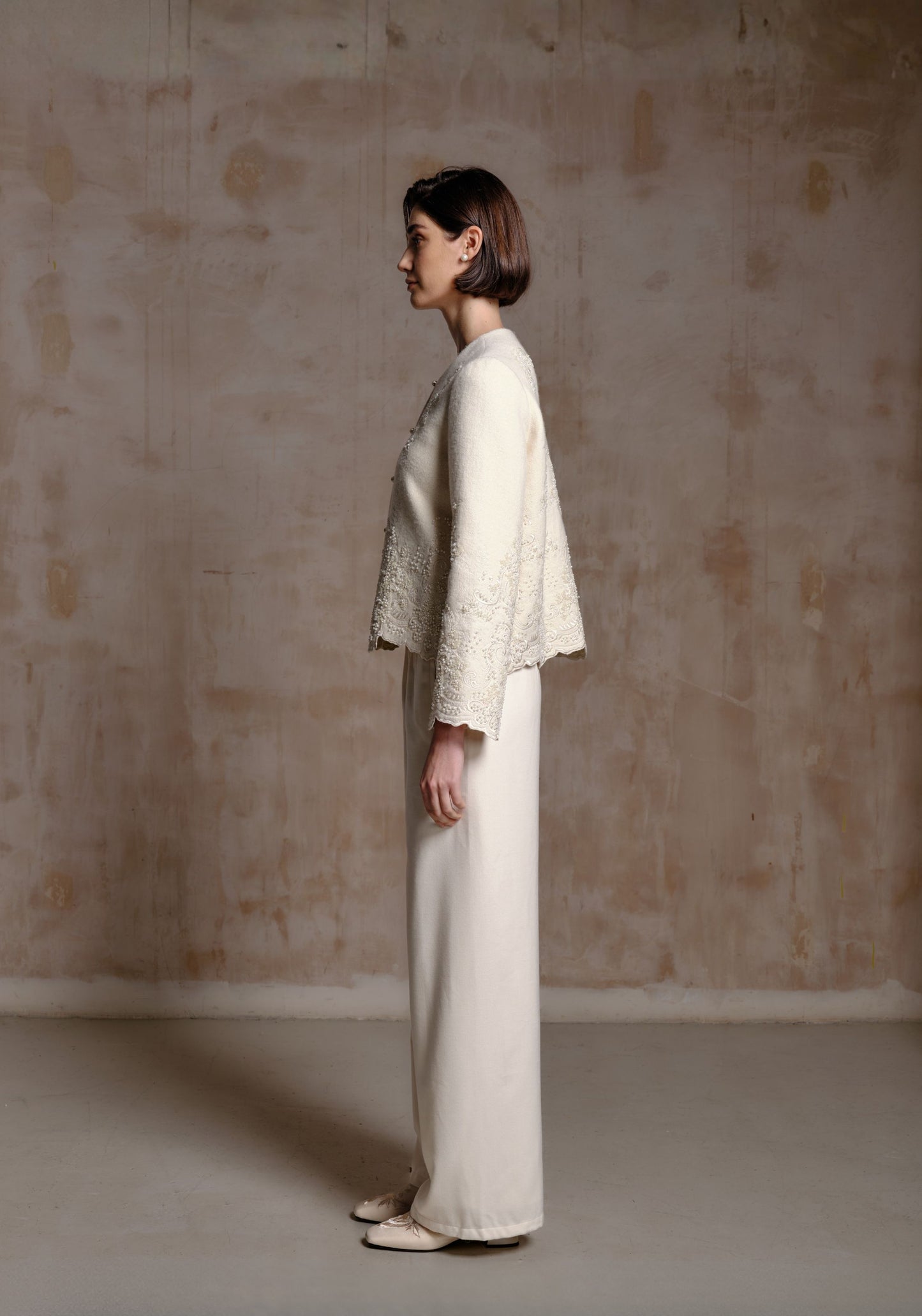 White Wool Jacket with Pearl Details
