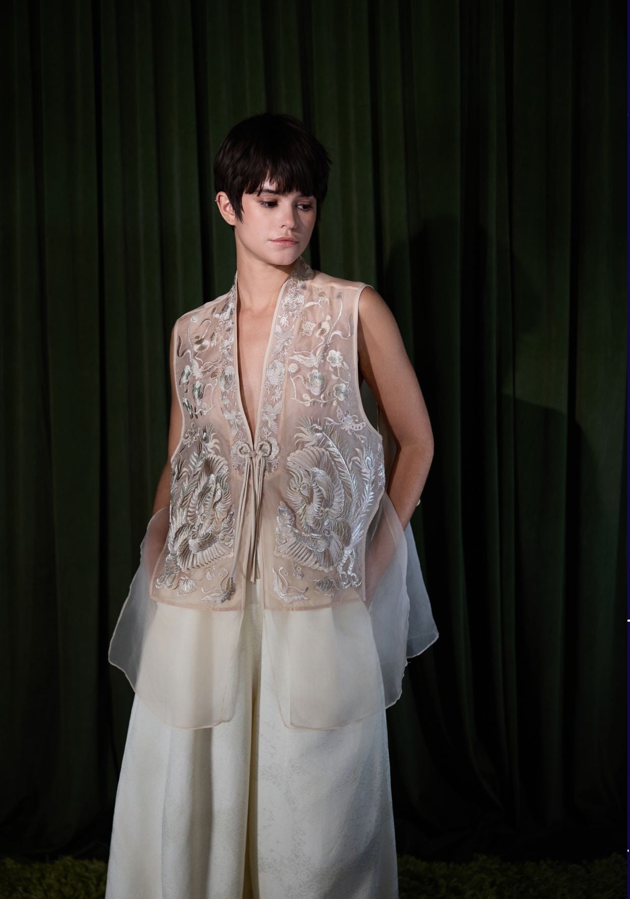 Beige Organza Vest with Embroidery Details