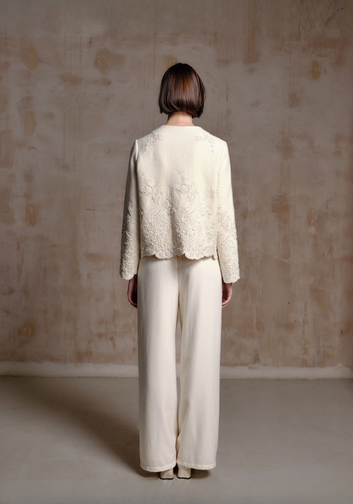 White Wool Jacket with Pearl Details