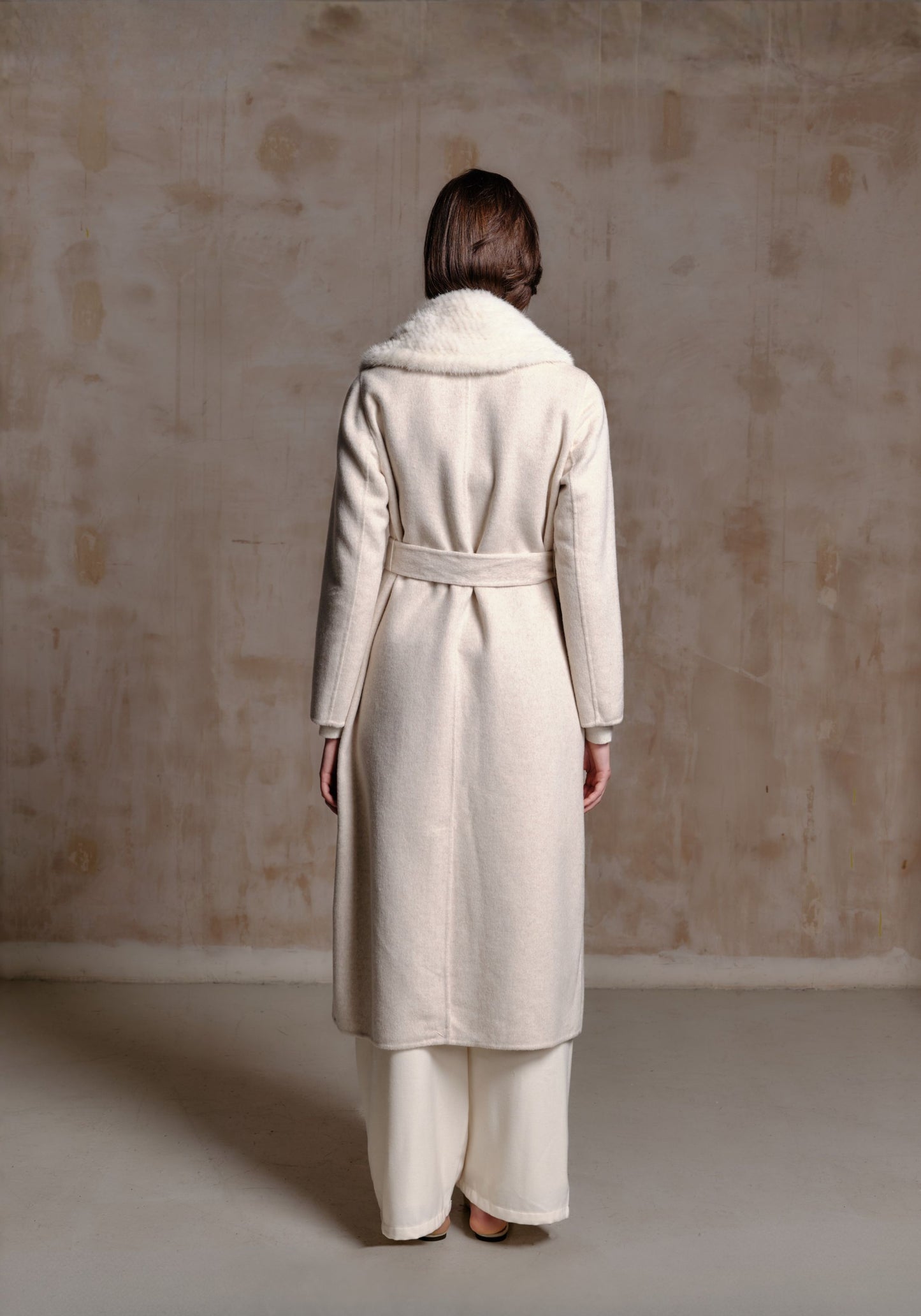 Oat White Hand-woven Fur Collar Coat