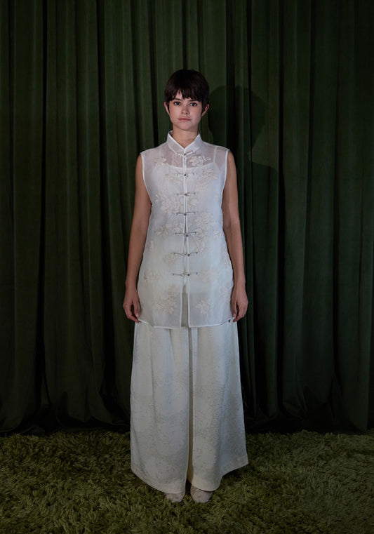White Vest with Mandarin Collar and Embroidery Details