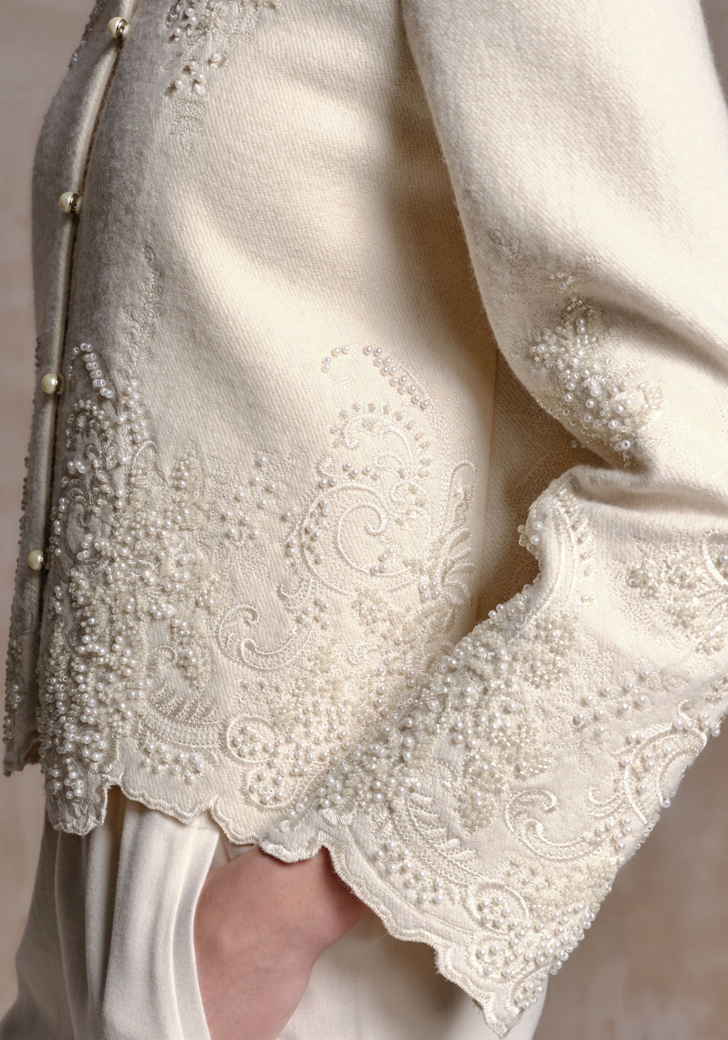 White Wool Jacket with Pearl Details