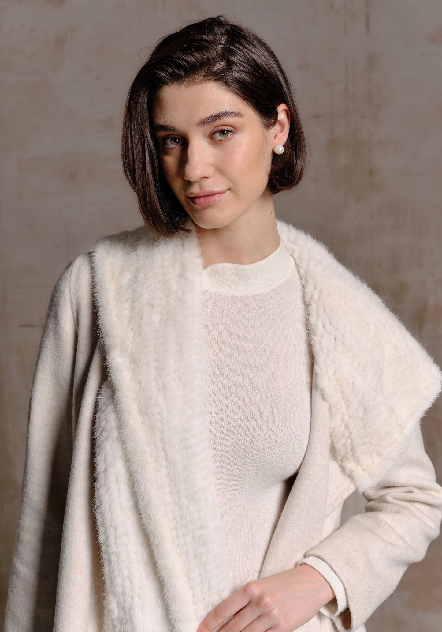 Oat White Hand-woven Fur Collar Coat