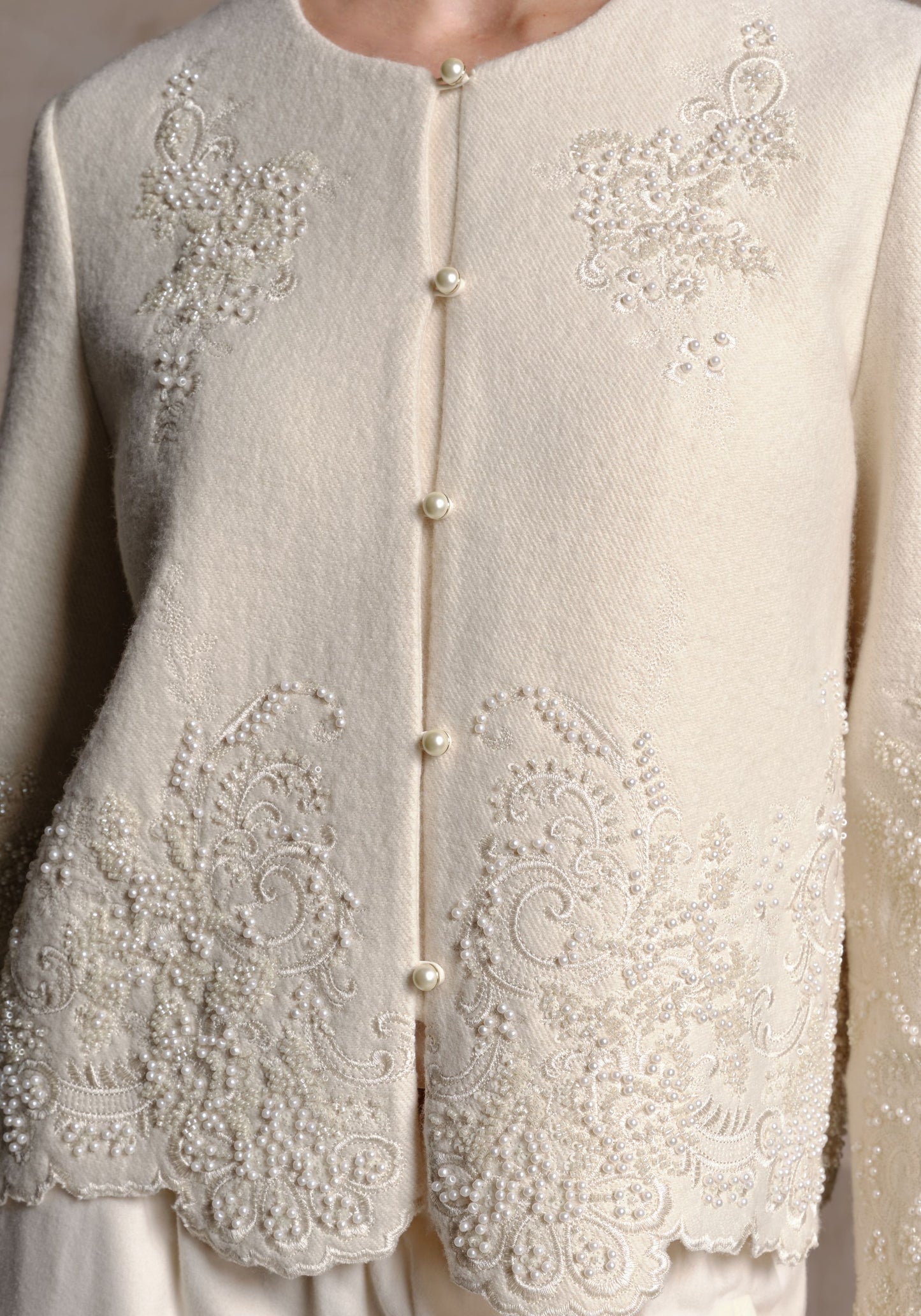 White Wool Jacket with Pearl Details