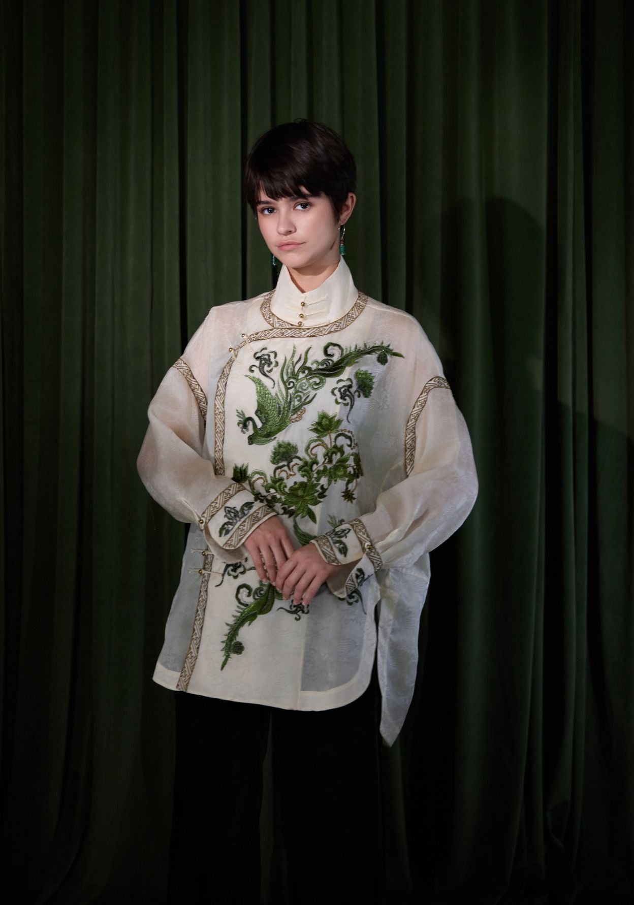 White Silk Shirt with Green Embroidery