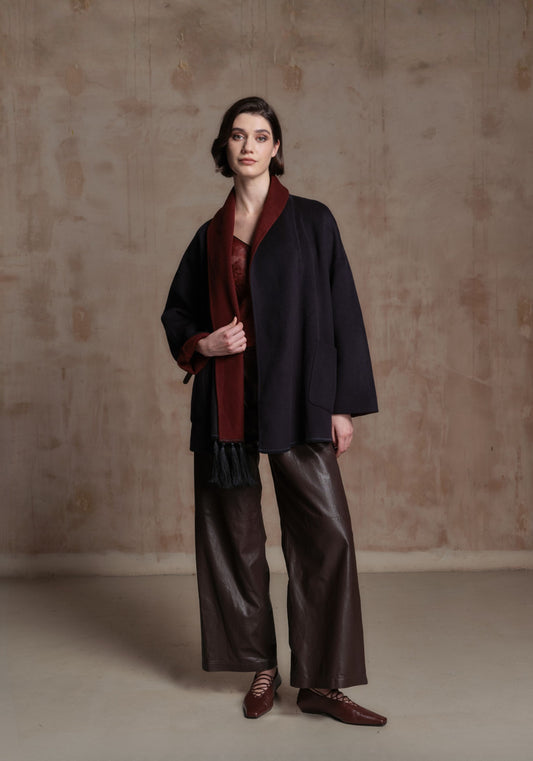 Navy and Burgundy Cashmere Coat with Tassel Details