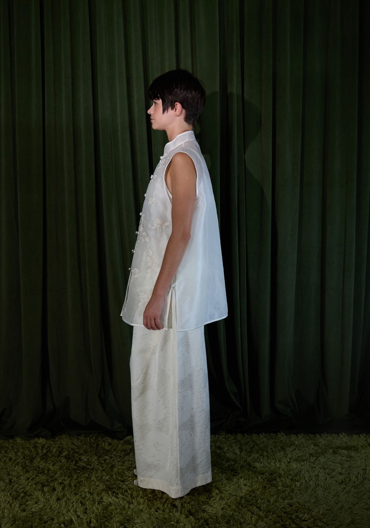 White Vest with Mandarin Collar and Embroidery Details