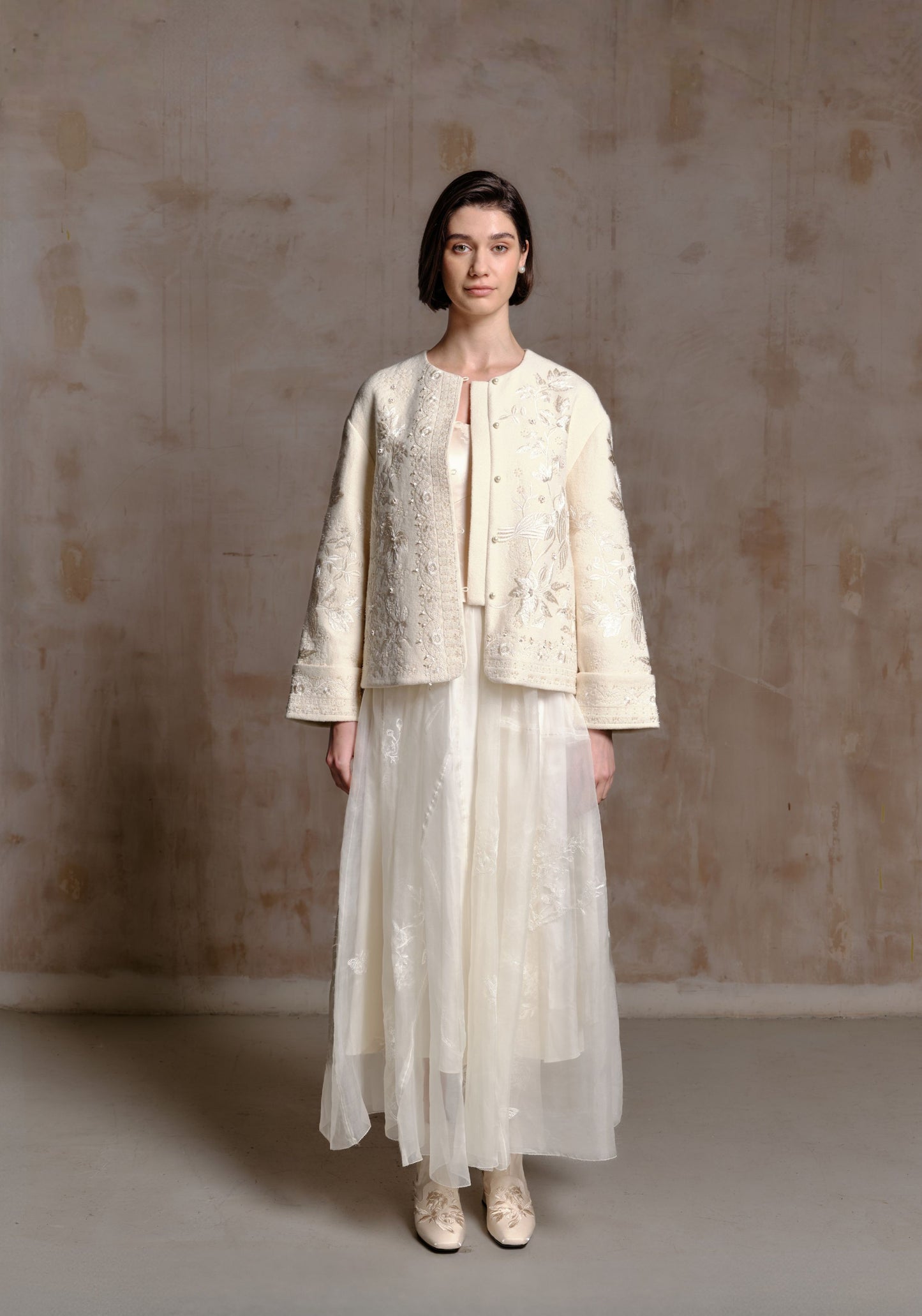 Cream Wool Jacket with Beading Details