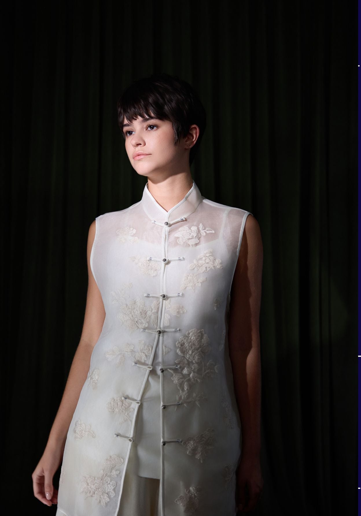 White Vest with Mandarin Collar and Embroidery Details