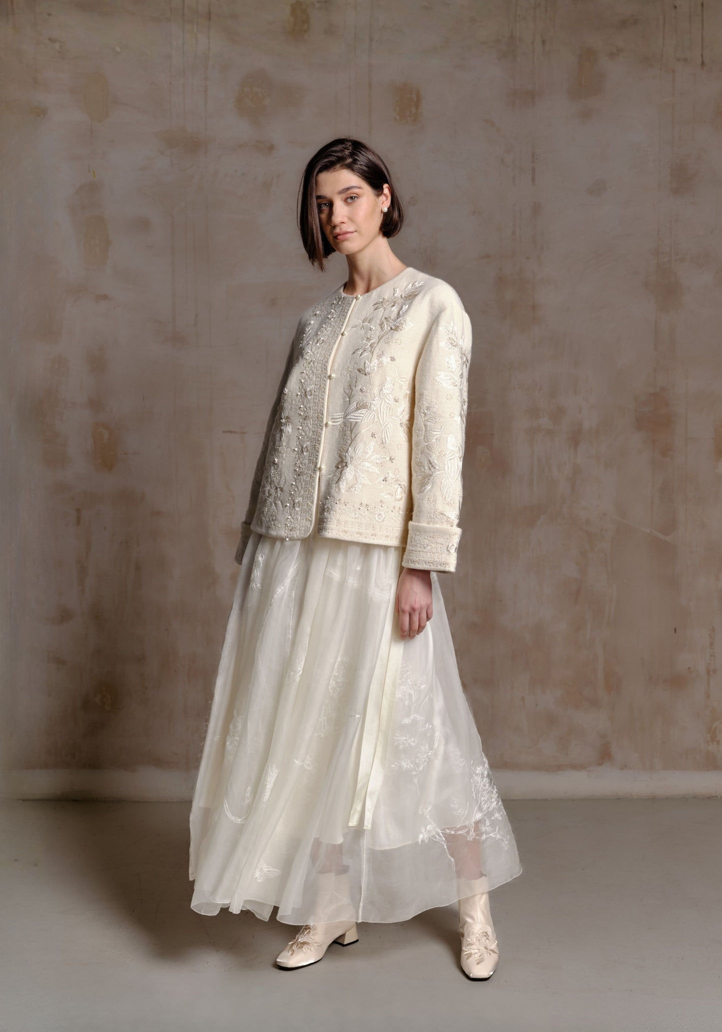 Cream Wool Jacket with Beading Details