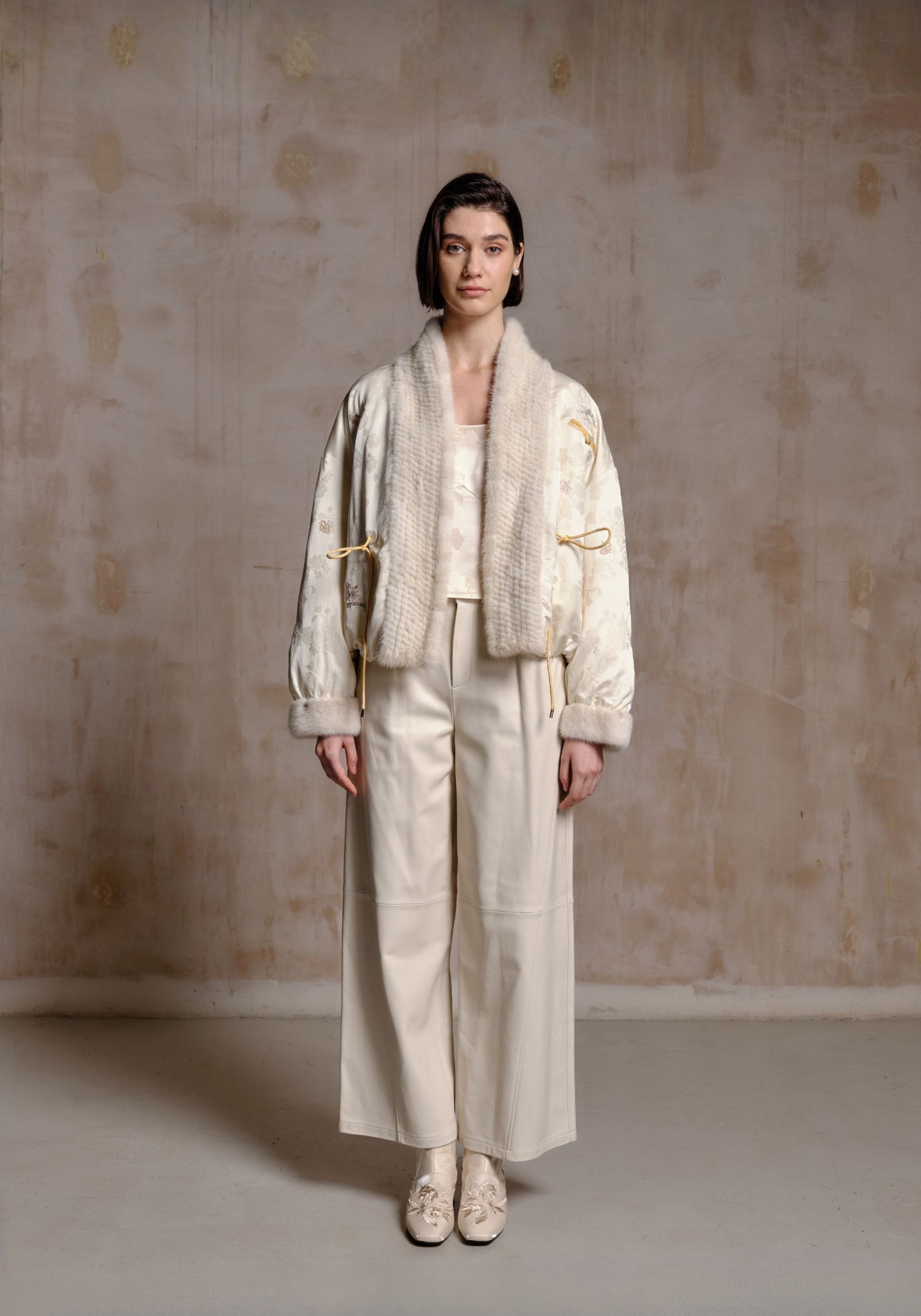 White Puffer Jacket with Hand-woven Fur Collar