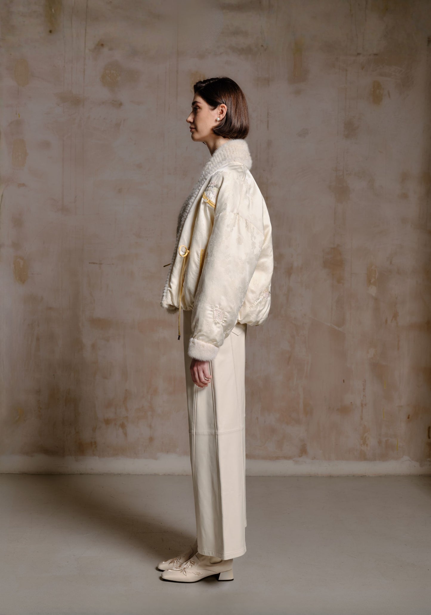 White Puffer Jacket with Hand-woven Fur Collar