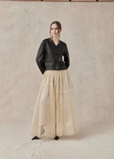 Beige Silk Skirt with Flower Embroidery