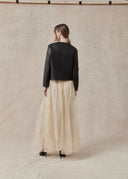 Black Collarless Leather Jacket with Boxy Shape