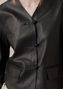 Black Collarless Leather Jacket with Boxy Shape