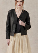 Black Collarless Leather Jacket with Boxy Shape