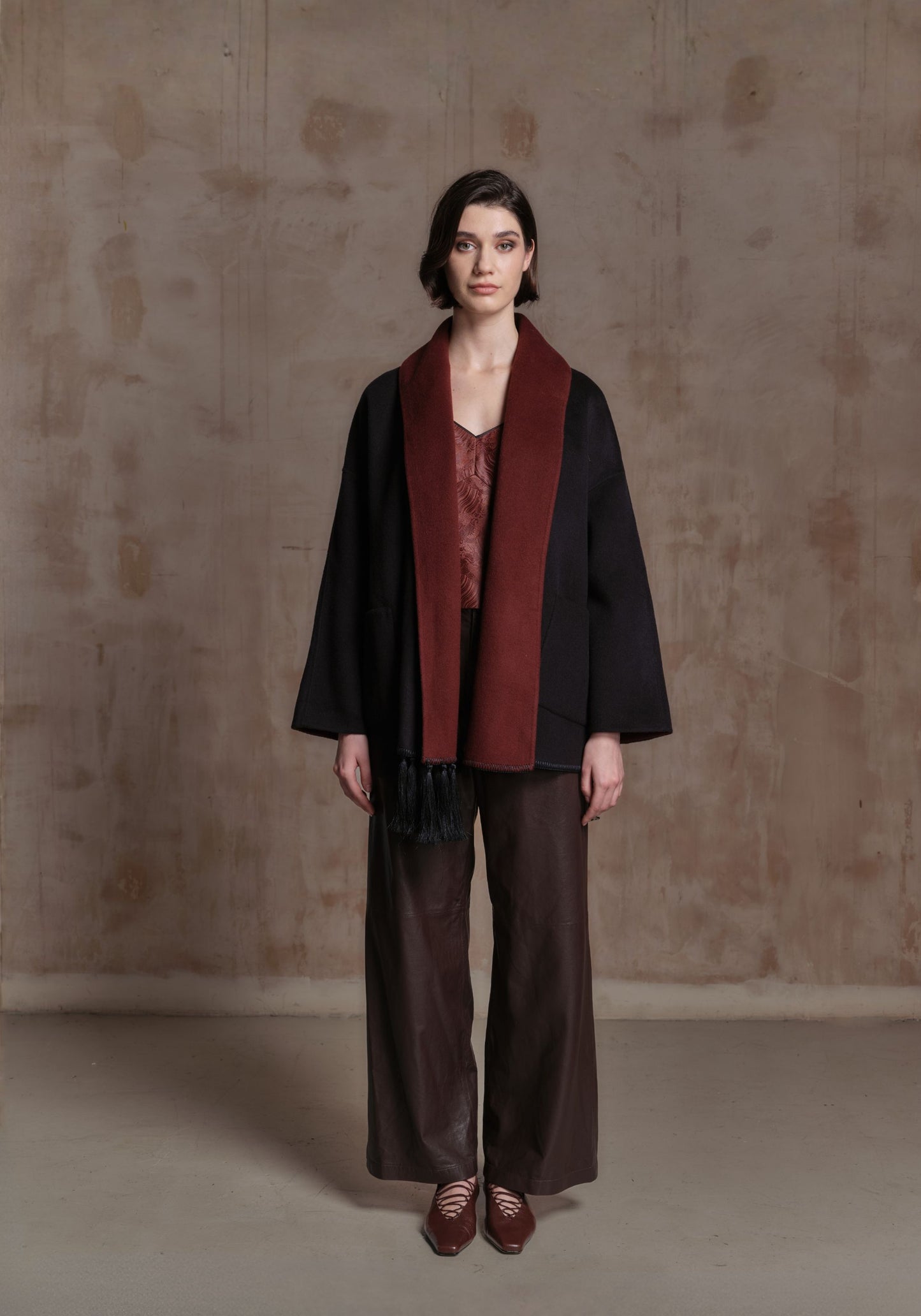 Navy and Burgundy Cashmere Coat with Tassel Details