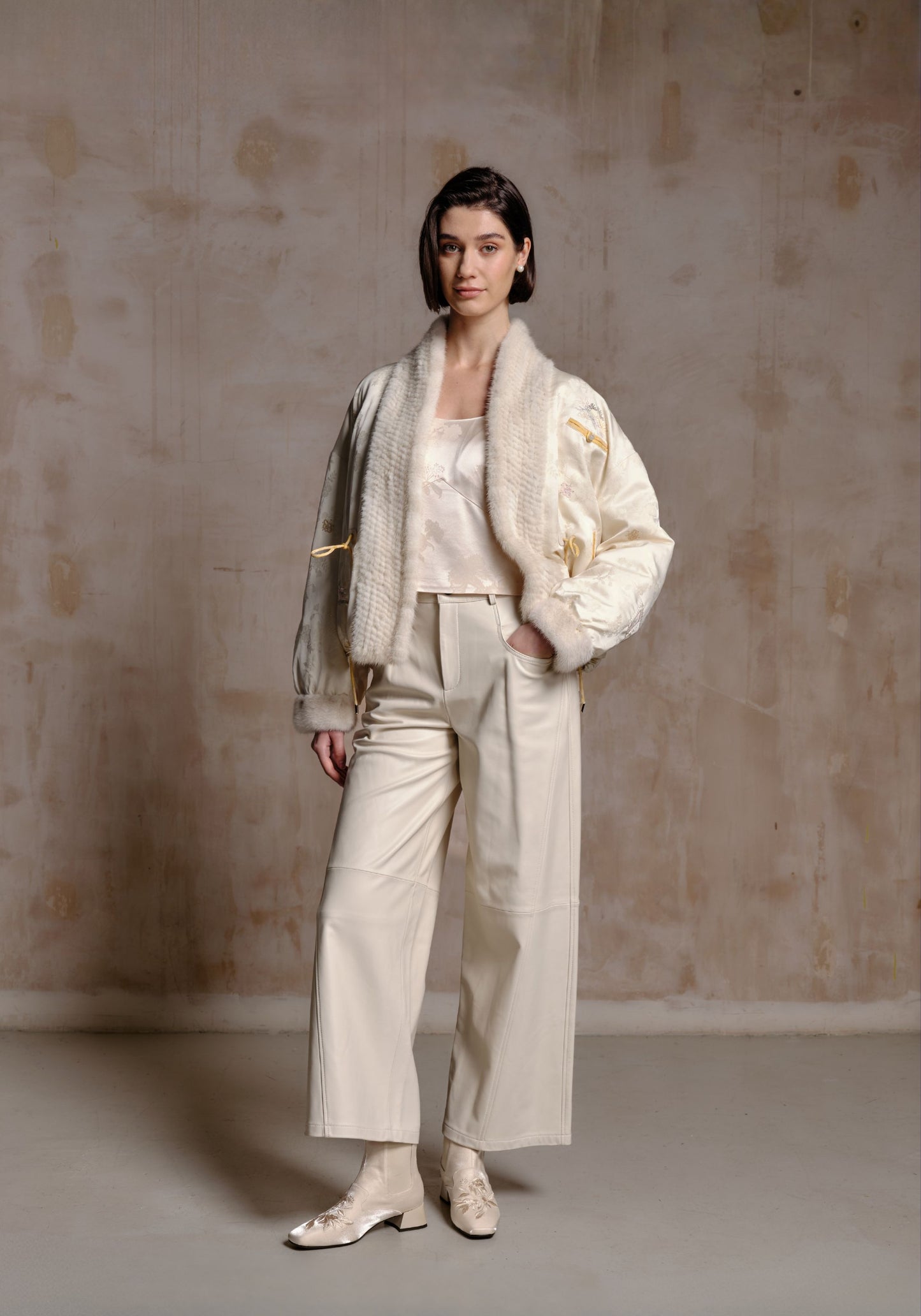 White Puffer Jacket with Hand-woven Fur Collar