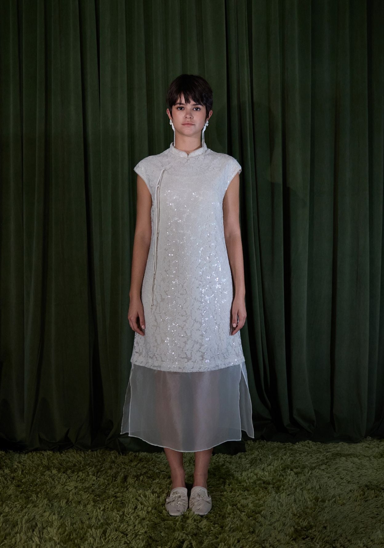 White Dress with Mandarin Collar and Beads Details