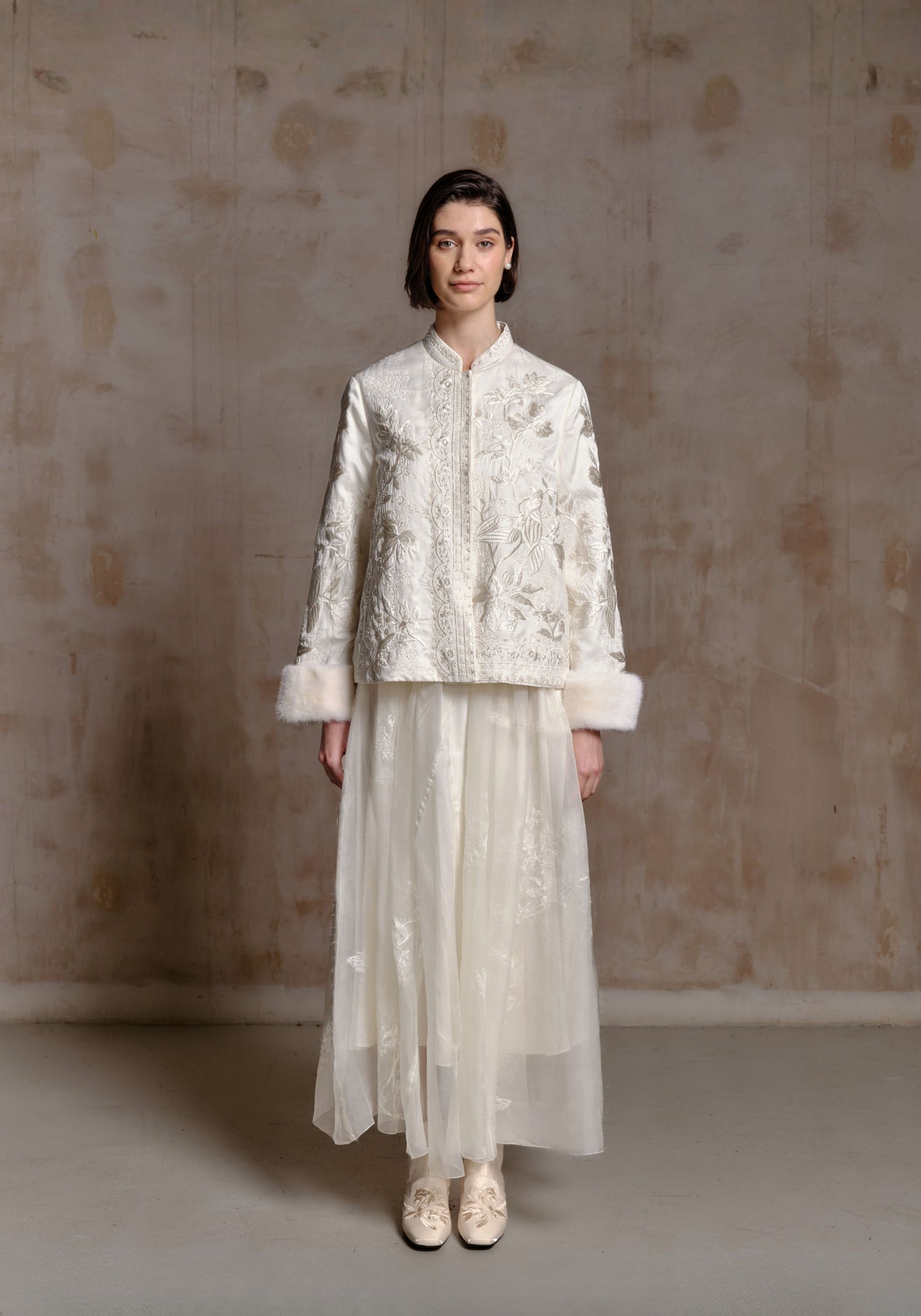 White Embroidered Puffer Jacket with Fur Cuff